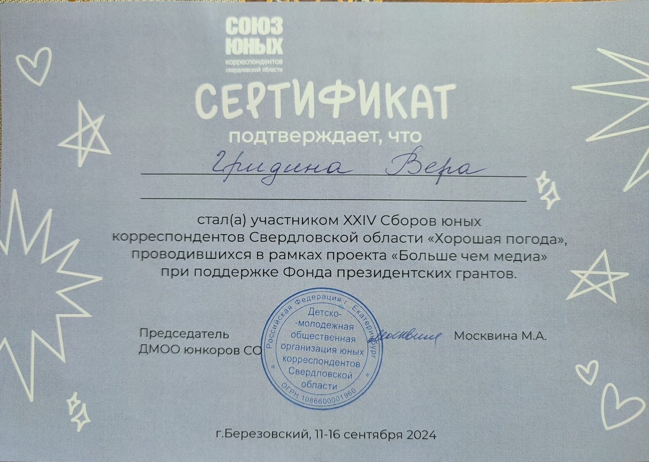 Гридина. Сертификат «Хорошая погода»